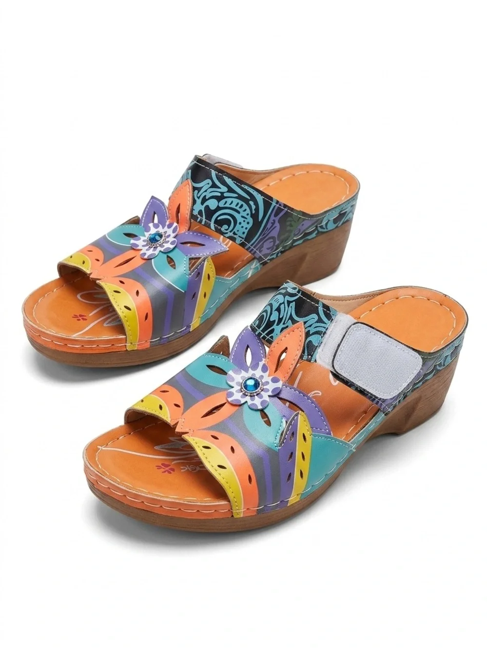 Women’s Bohemian Floral Wedge Sandals |Colorful Open Toe Slip-On Platform Slides